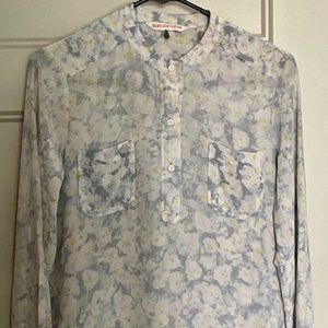 Rebecca Taylor Blue Yellow White Floral Long Sleeve Silk Blouse